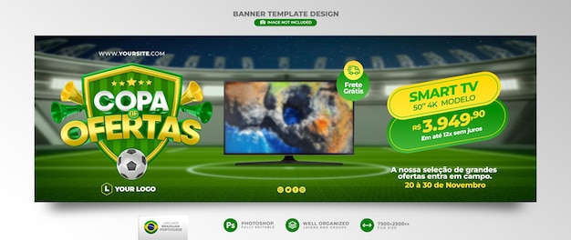 Предложите кубковый баннер в 3d-рендеринге для маркетинговой кампании в бразилии на португальском языке