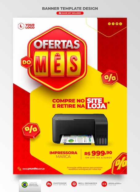 Offer of the month banner post in portuguese 3d render for marketing campaign in brazil