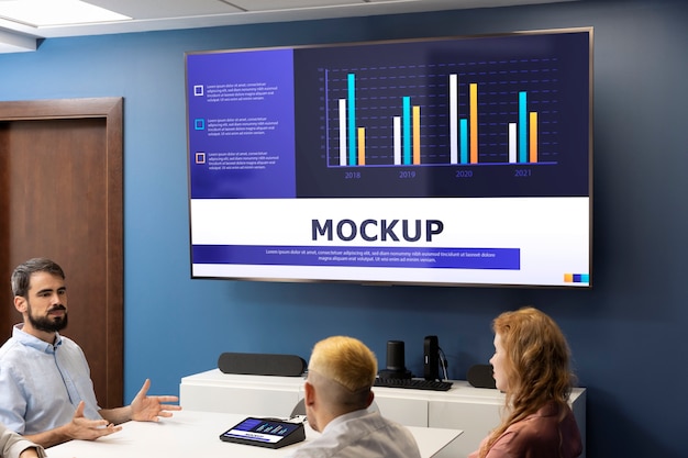 Office conference with people and screen mock-up