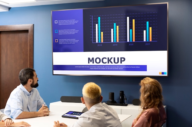 Office conference with people and screen mock-up