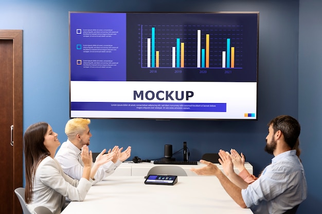 Office conference with people and screen mock-up