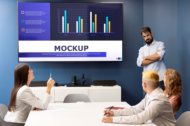 Office conference with people and screen mock-up