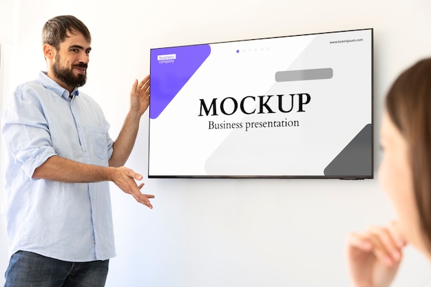 Office conference with people and screen mock-up