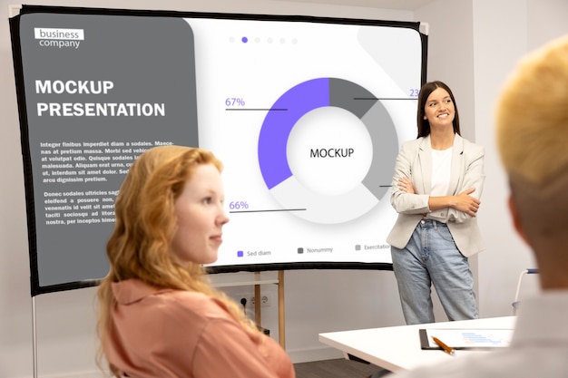 Office conference with people and screen mock-up