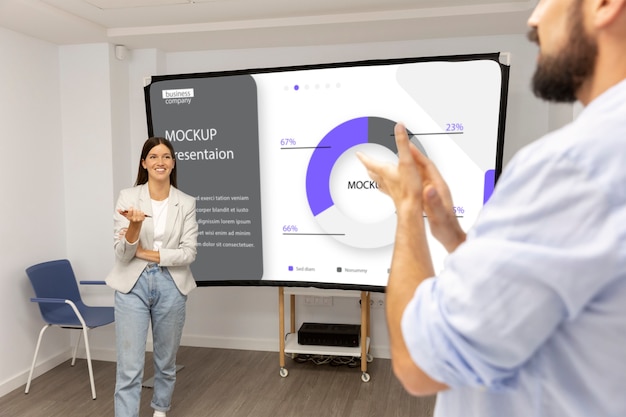 Office conference with people and screen mock-up