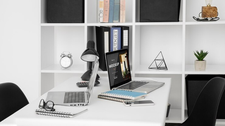 PSD office desk mock-up with laptop device