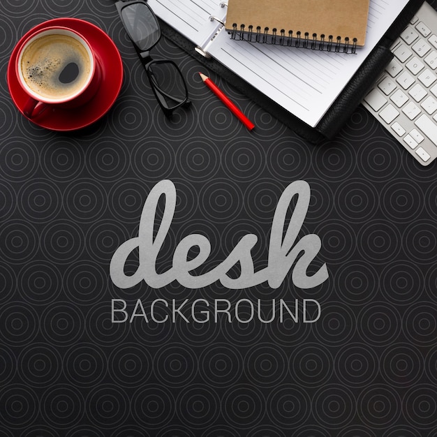 PSD office desk mock-up with stationery and coffee