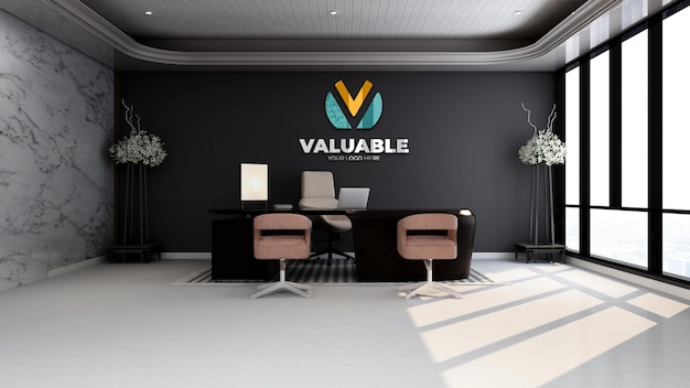 Office manager room 3d render wall logo mockup