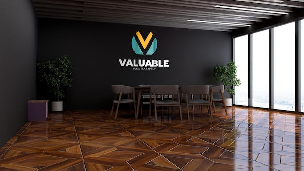 Sala riunioni dell'ufficio con tavolo lungo per mockup del logo aziendale