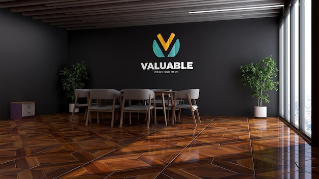 Office meeting room with long table for company logo mockup