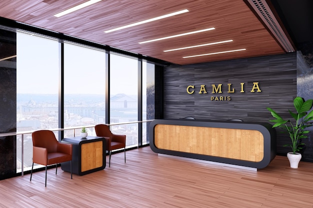 Mockup di logo 3d della reception dell'ufficio