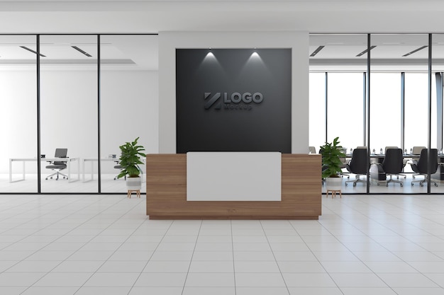 Office reception desk mockup front view interior design