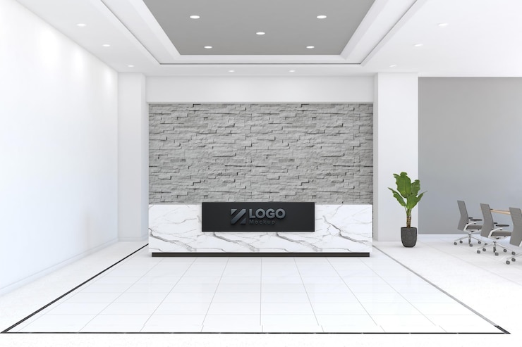 PSD office reception desk mockup front view interior design