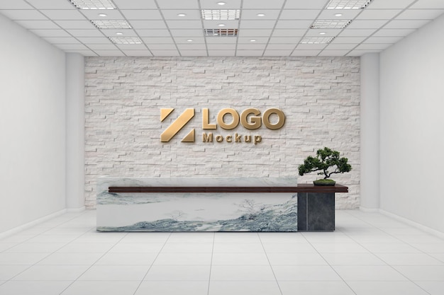 Design d'interni con vista frontale del mockup della reception dell'ufficio