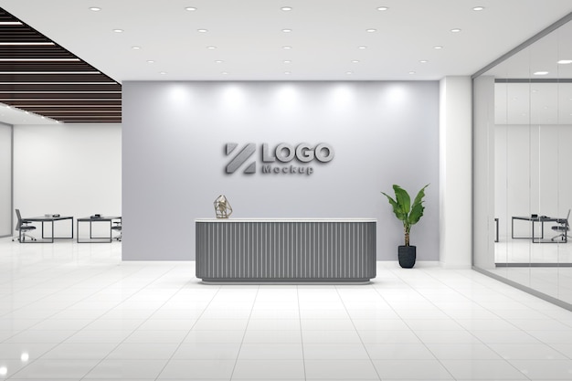 Design d'interni con vista frontale del mockup della reception dell'ufficio