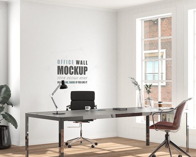 PSD spazio ufficio decorato con mockup di muro in stile americano