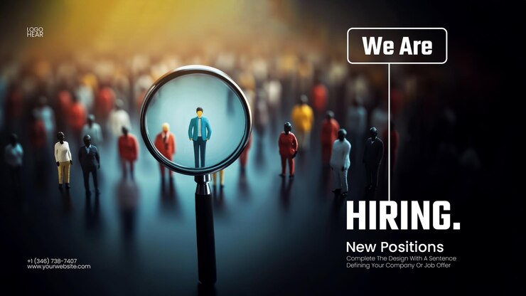 PSD office staff job vacancy banner template with magnifying glass hovering over and finding the best job candidate idea
