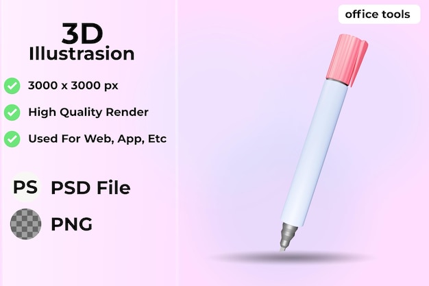 PSD office supplies icon 3d illustration, marker pen