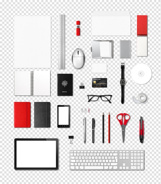 Office supplies mockup template transparent background