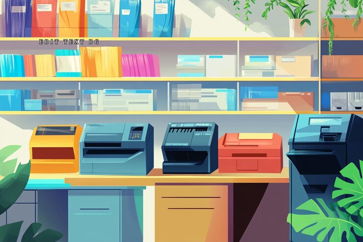 PSD office supply store interior with various machines and shelves stocked with stationery
