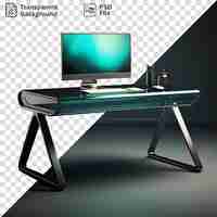 PSD office table setup with a silver computer and metal legs against a dark black wall