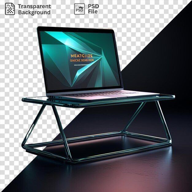 PSD office table with a laptop and keyboard on a shiny table accompanied by a metal leg