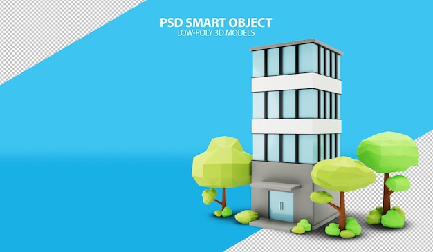 Office with tree PSD smart objects on gradient background 3d rendering image of low poly model