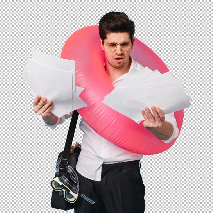PSD office worker looks at bunch of documents with discontent guy goes on vacation and poses with inflatable circle and swimming mask