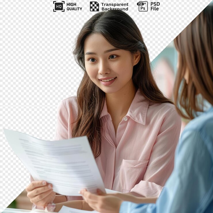 PSD 뒷면 에 초록색 식물 이 있는 사무실 환경 에서 동료 에게 문서 를 주는 긴 머리 를 가진 사무실 직원