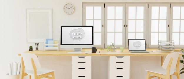 Office working space interior design with computer mockup screen