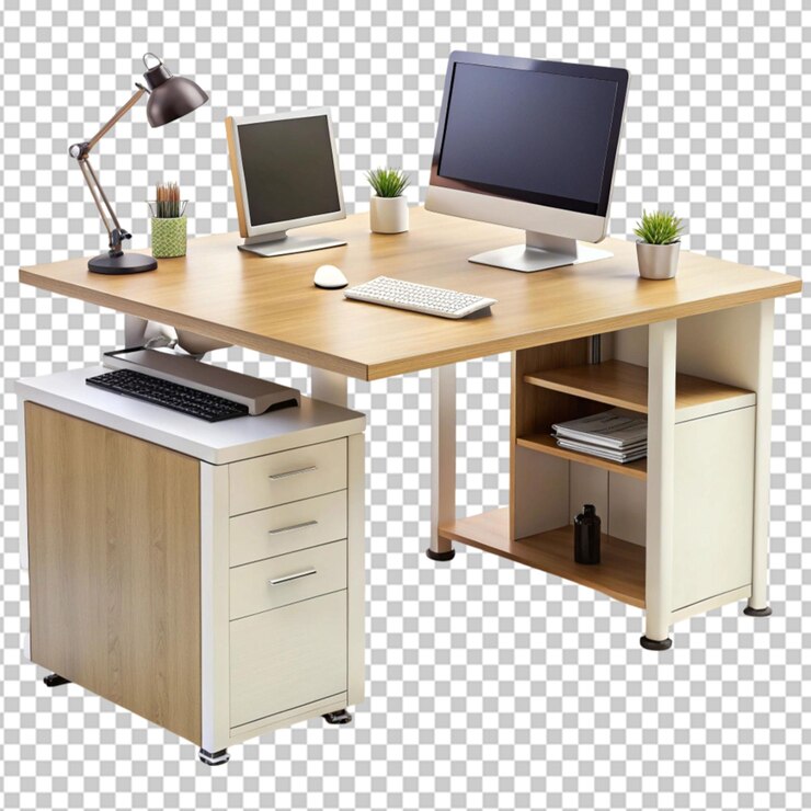 PSD office workstation desk isolated on transparent background