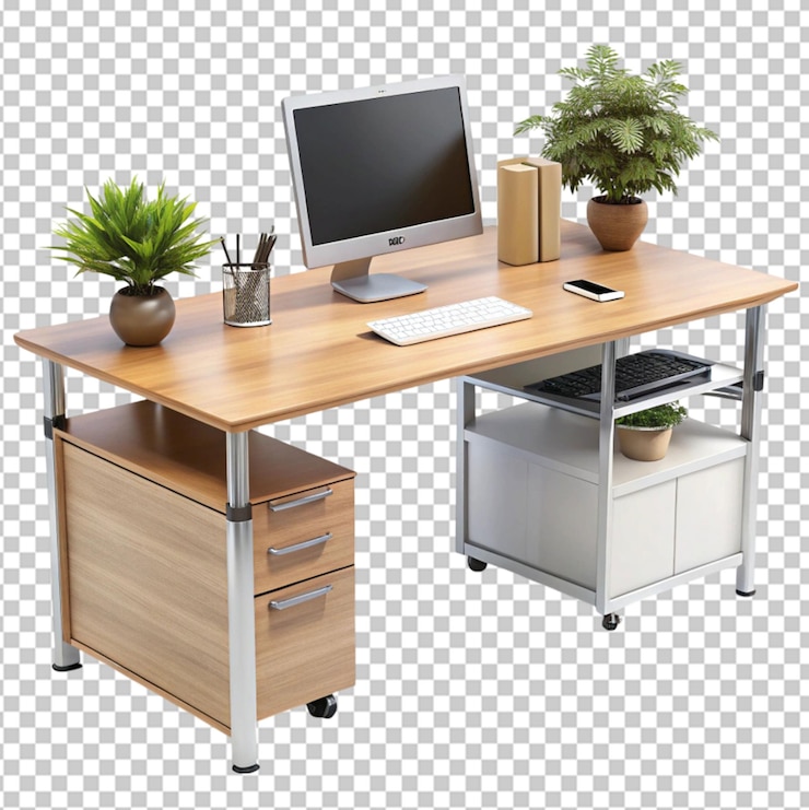 PSD office workstation desk isolated on transparent background