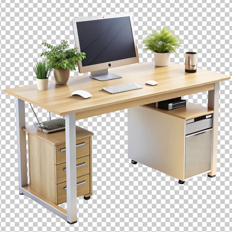 PSD office workstation desk isolated on transparent background