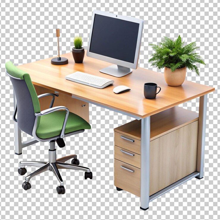 PSD office workstation desk isolated on transparent background