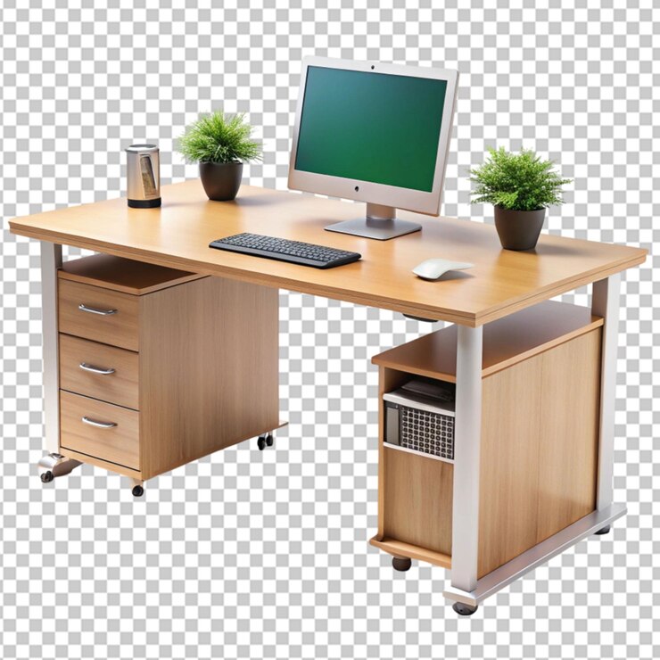 PSD office workstation desk isolated on transparent background