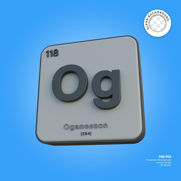 PSD rendering 3d della tavola periodica dell'elemento chimico di oganesson
