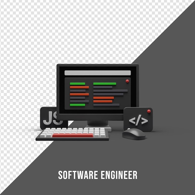 Ohjelmistoinsinöörin tietokoneen näyttökuvakonsepti 3D-renderöinti