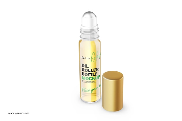 Oil In Clear Glass Roller Bottle With Gold Lid PSD Mockup