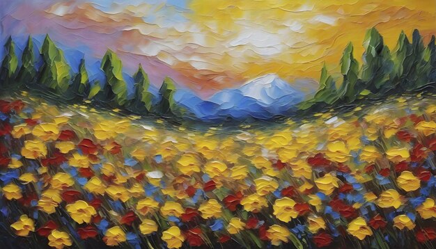 PSD oil painting of a wildflower field in impasto style