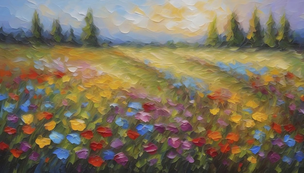 PSD oil painting of a wildflower field in impasto style