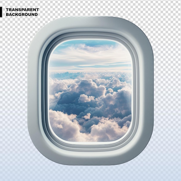 PSD okno samolotu patrzące przez chmurę odizolowaną na przezroczystym tle