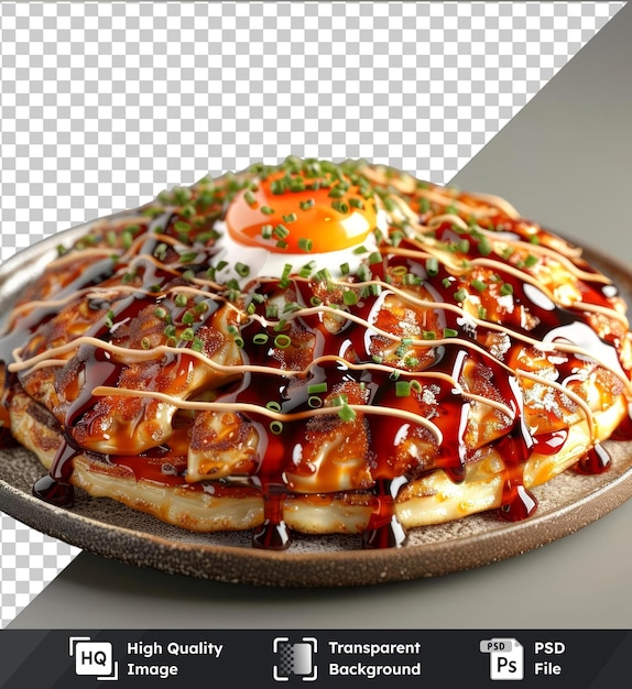 PSD okonomiyaki topped with sauce and garnished with a white egg