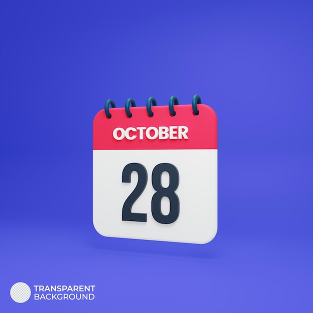 Oktober realistisch kalenderpictogram 3d weergegeven op 28 oktober