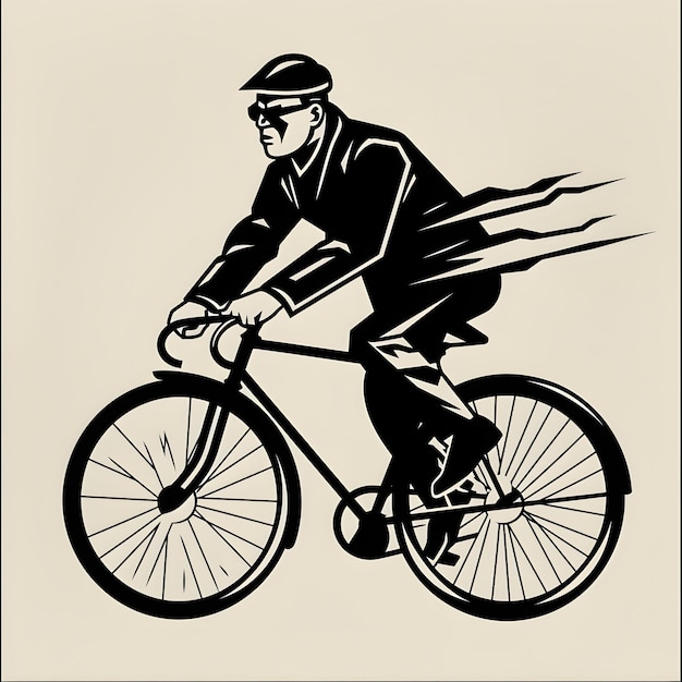 PSD an old black and white illustration of man riding a bicycle png