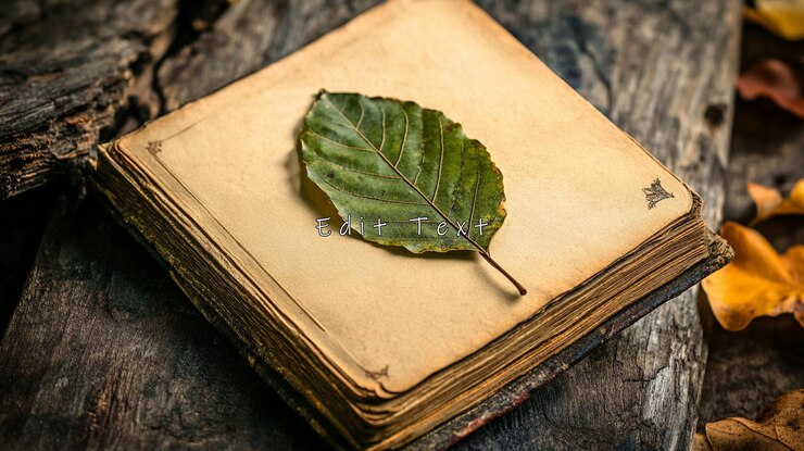 PSD old book with autumn leaf on weathered wood