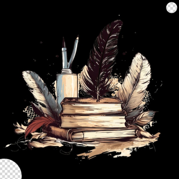 PSD old books and ink quill feather png transparent