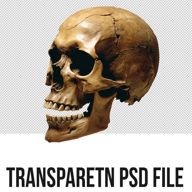 PSD Старый коричневый человеческий череп без нижней челюсти и с большой трещиной на вершине головы