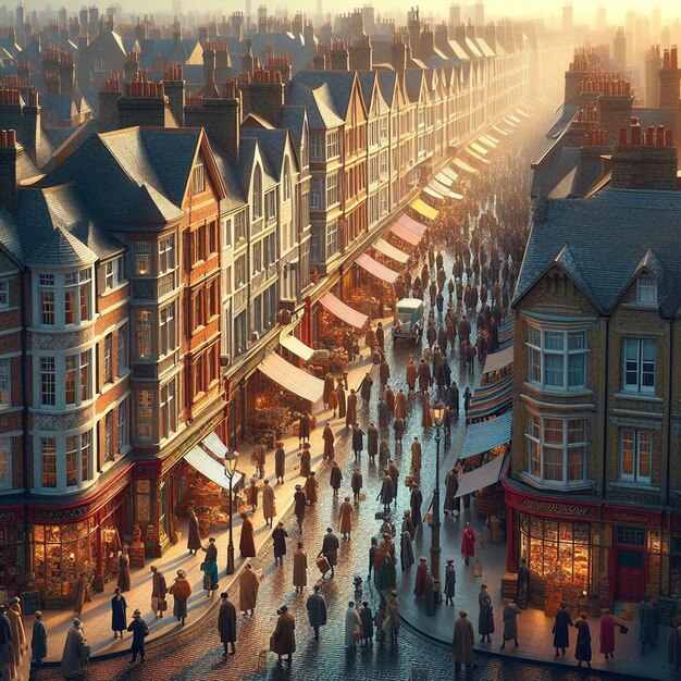 PSD old colorful british street in london market crowded with people in muted colors illustration