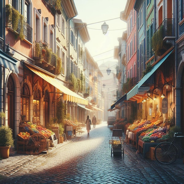 PSD old colorful french street market crowded with people in muted colors illustration