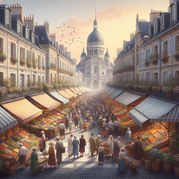 PSD old colorful french street market crowded with people in muted colors illustration